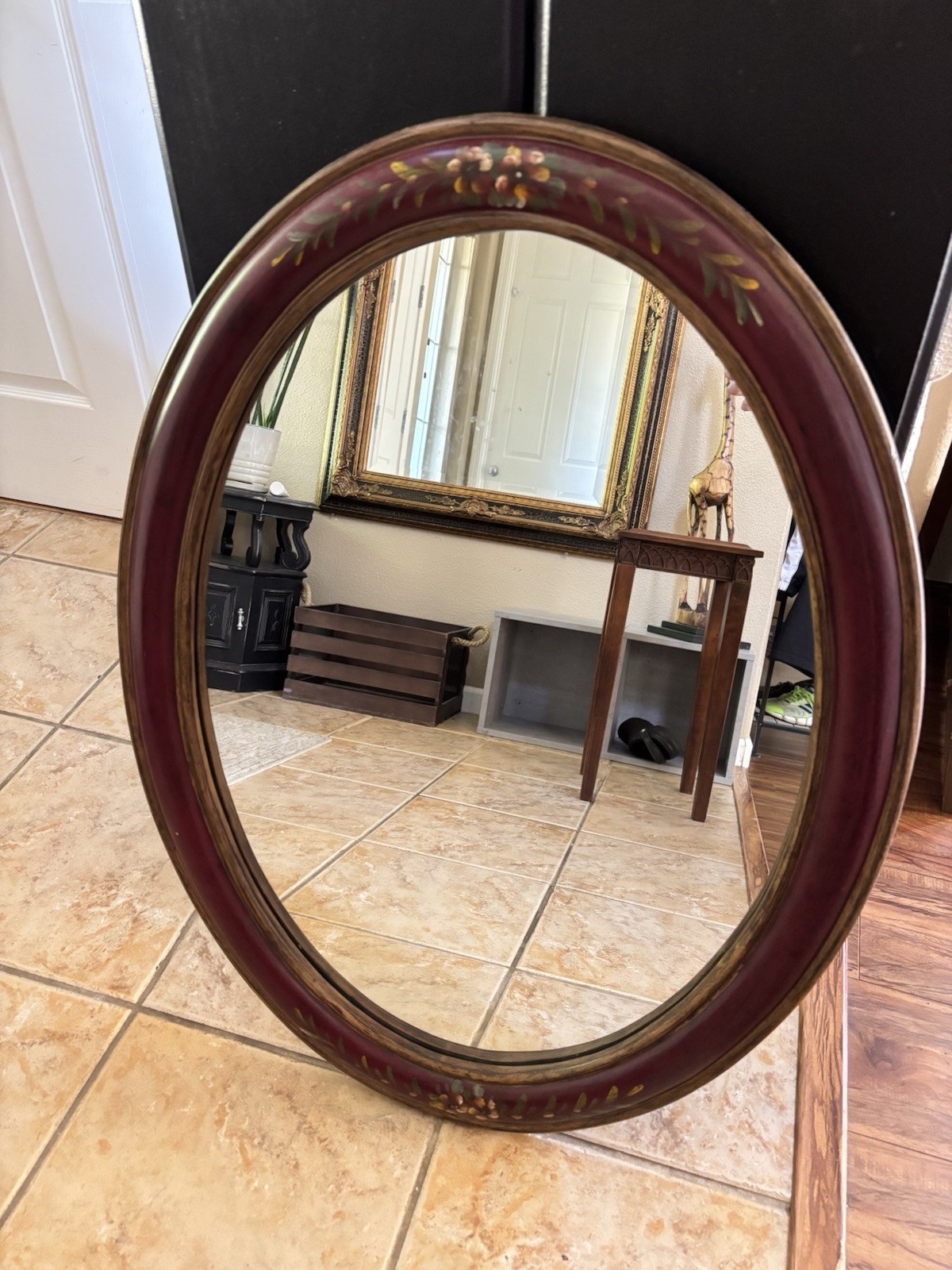 Silkroad Exclusive Hand-painted Oval Wooden Framed Wall Hanging Mirror 33x24" gallery