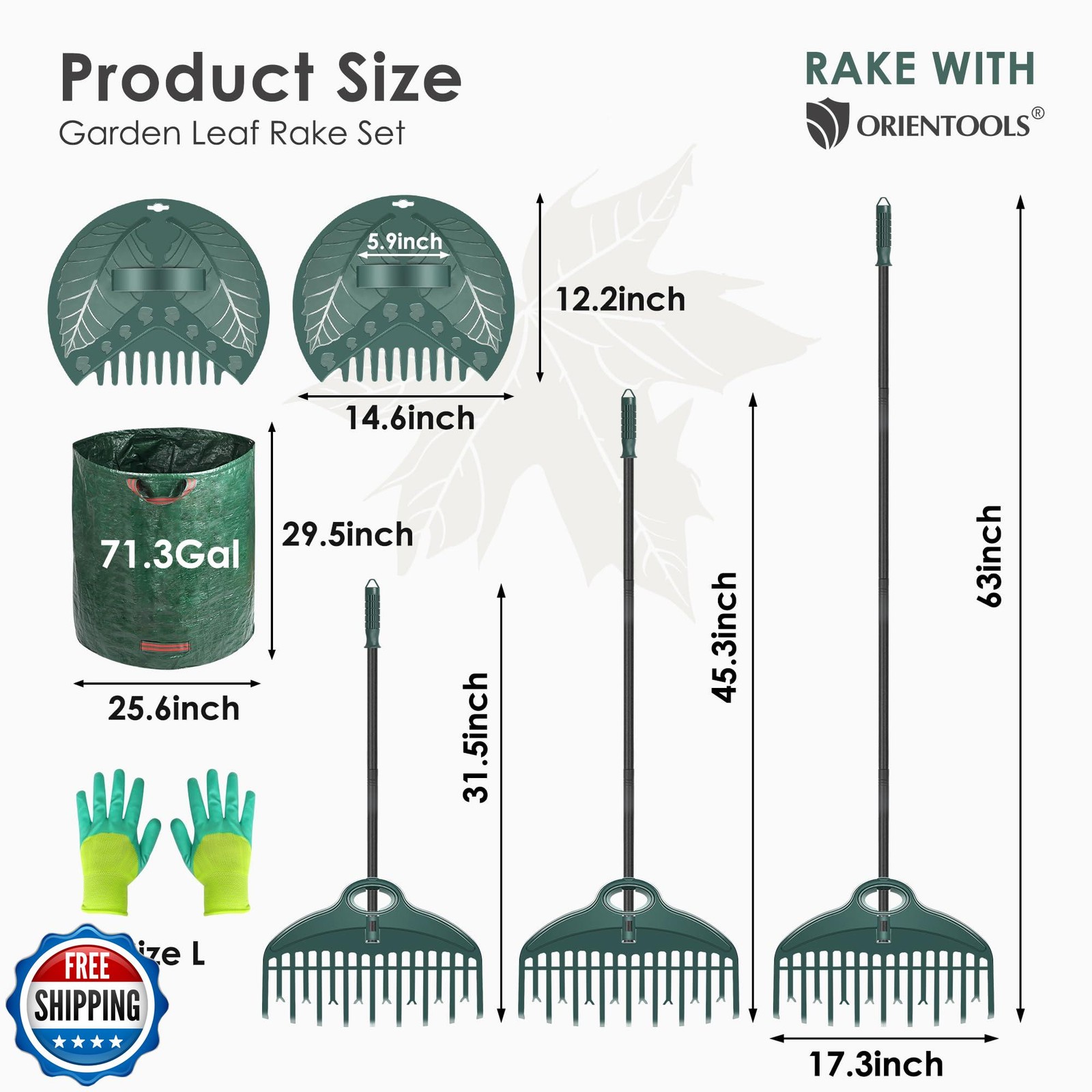 ORIENTOOLS 17Tines Double Row Garden Rake Set with 9Tines Leaf Hand Rakes, 27 gallery