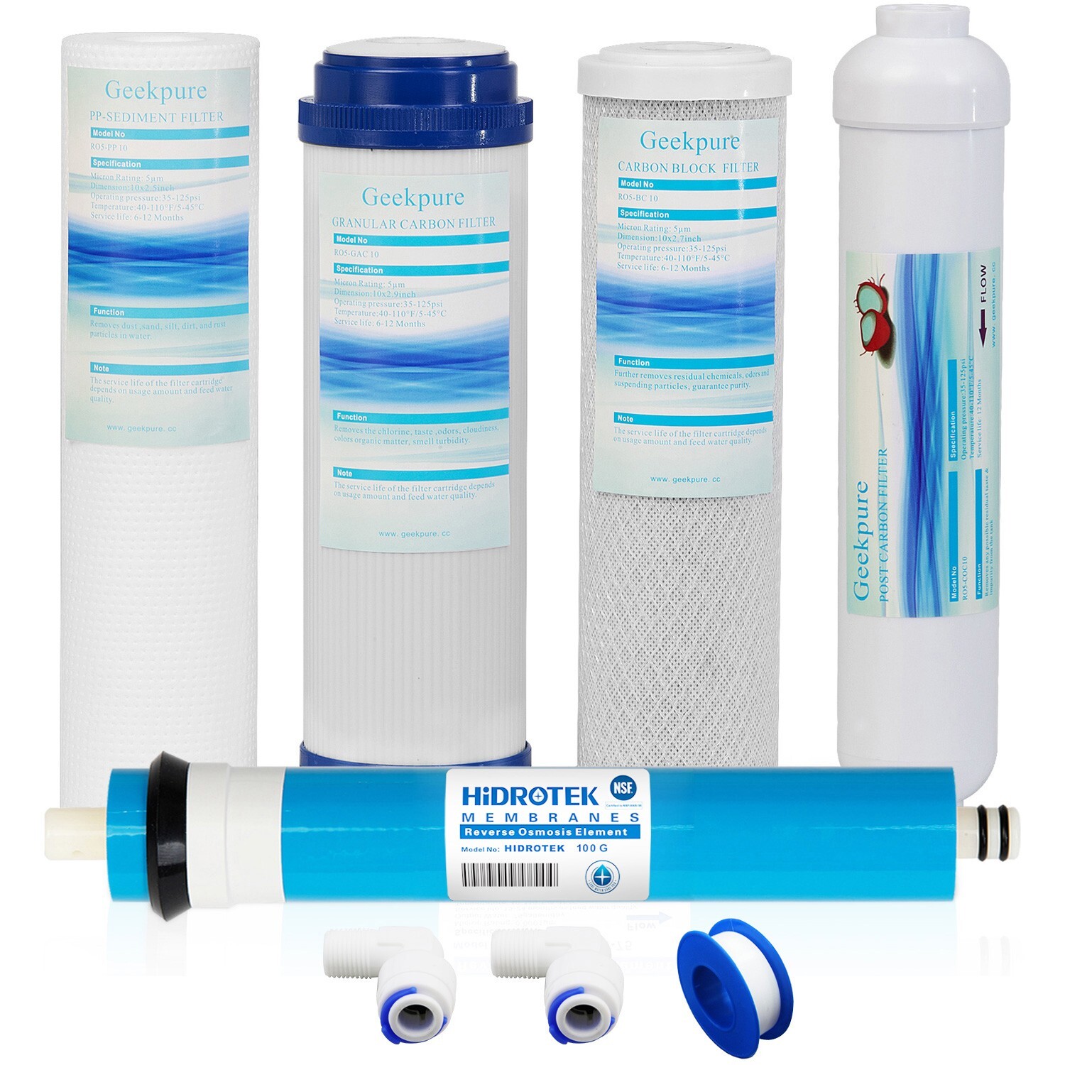 Geekpure 5-Stage Reverse Osmosis Replacement Water Filter Set w/ 100GPD Membrane gallery