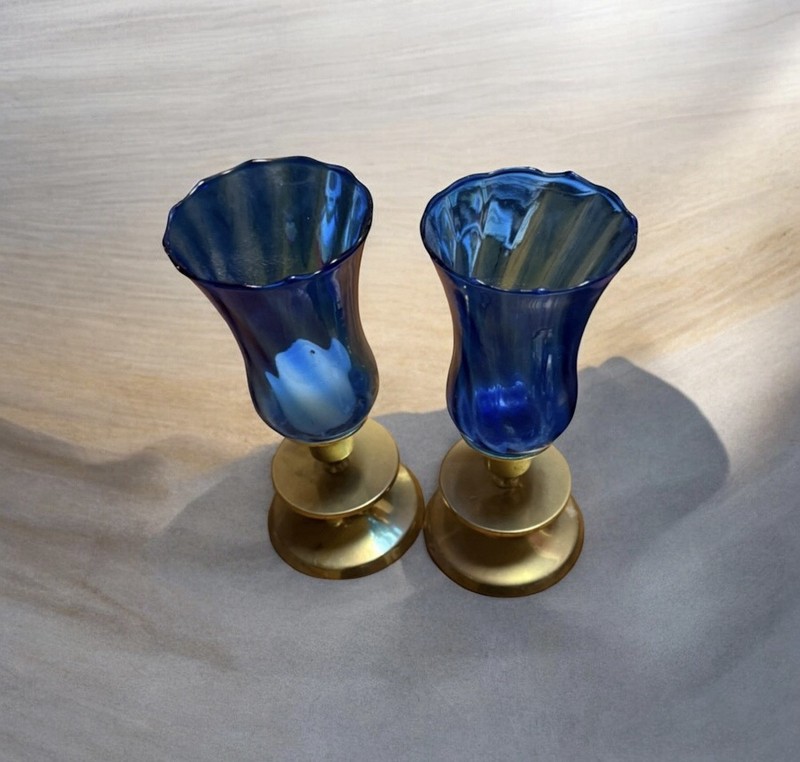 Vintage ~ 2 Candlestick Holders~Cobalt Blue Glass Hurricane Style & Metal~ 1970s gallery