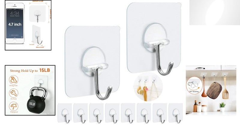 15LB Max Rotatable Adhesive Hooks - Seamless, Waterproof, 10 Pack for Easy Use gallery