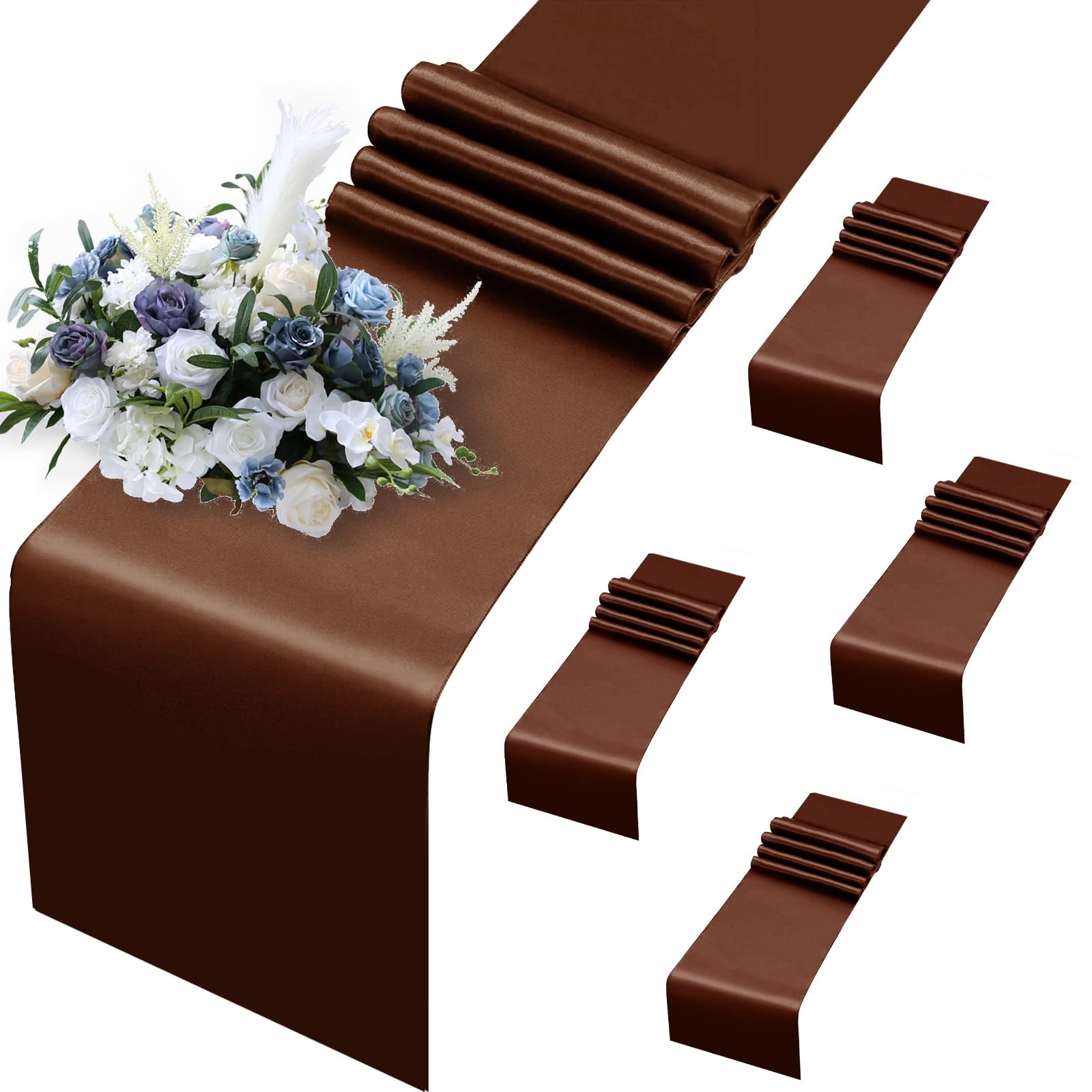5 Pack Chocolate Brown Satin Table Runners 12 x 108 Inch Bright Satin Silk Ta... gallery