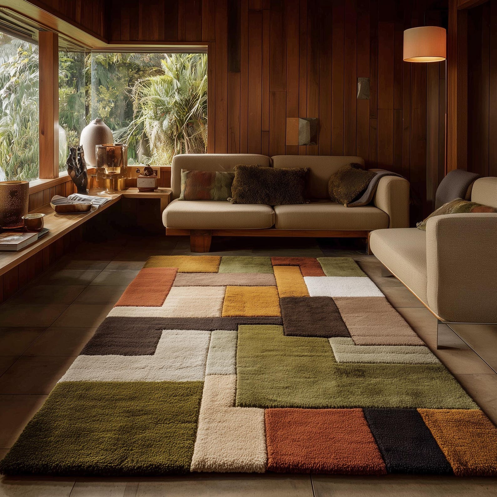 Mid Century Modern Geometric Wool Rug, Retro Color Block Area Carpet, Tufted Rug gallery