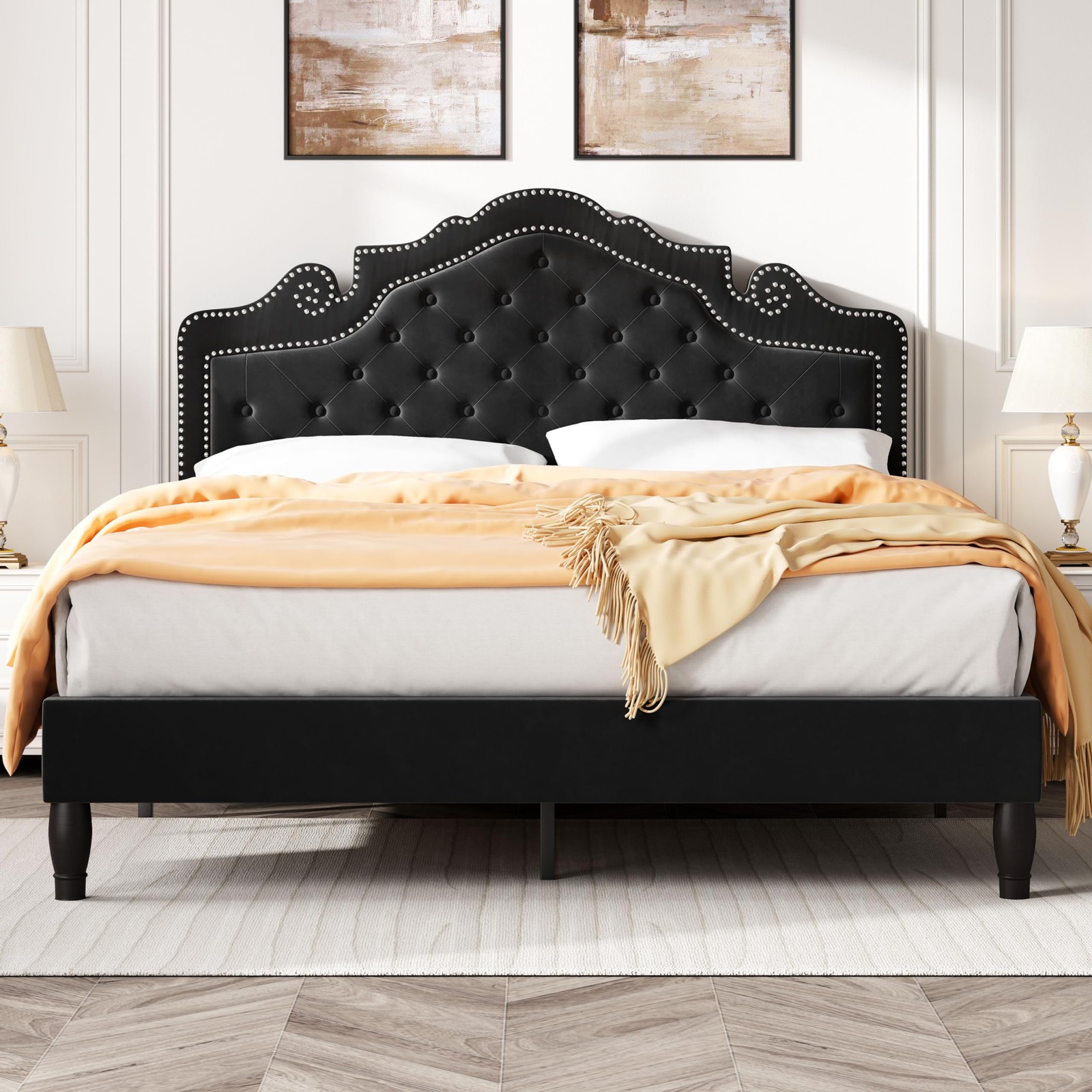 SHA CERLIN Queen Bed Frame with Adjustable Headboard/Velvet Upholstered/Diamond gallery