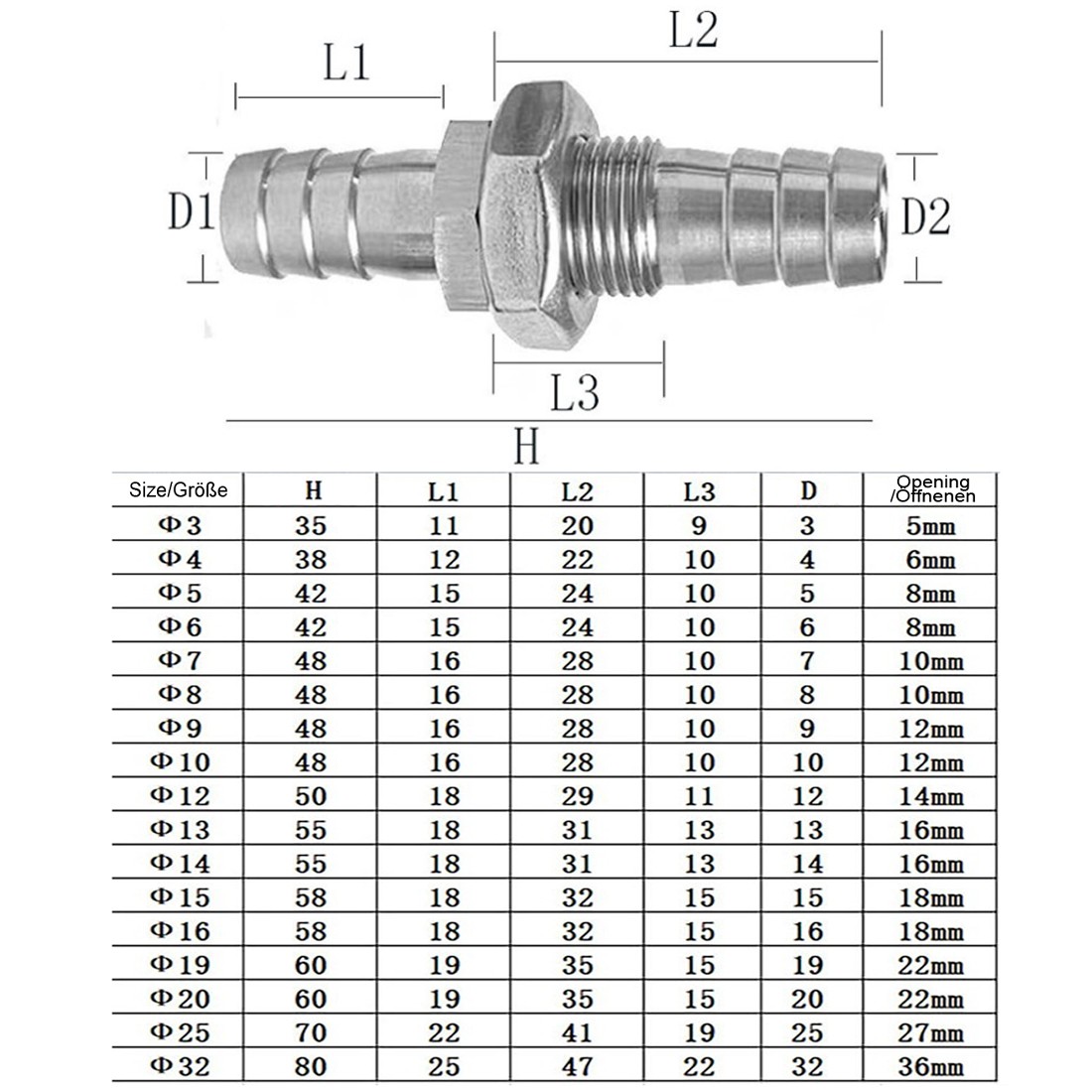 Bulkhead Barb Fitting Stainless Barbed Hose Tail Connector Tube Coupler Adapter gallery