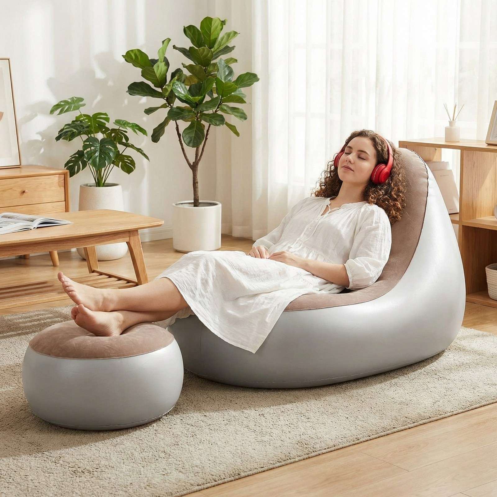 Inflatable Chair with Ottoman Flocked Blow Up Air Chair Home Outdoor Garden gallery