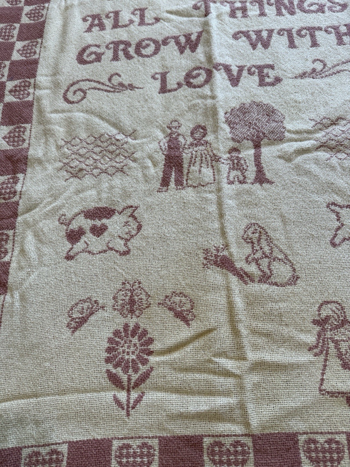 Vintage "All Things Grow With Love" Tapestry Throw Blanket-Goodwin Weavers Pink gallery