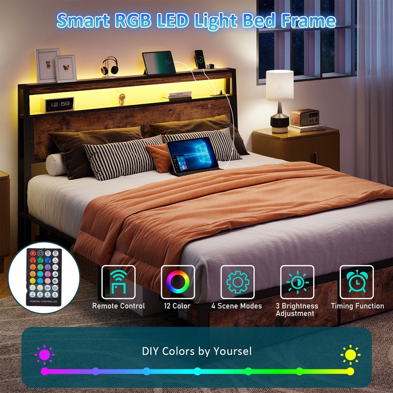 Full Queen Size Metal Platform Bed Frame with 2 Storage Drawers ＆Charging,LED,LP gallery