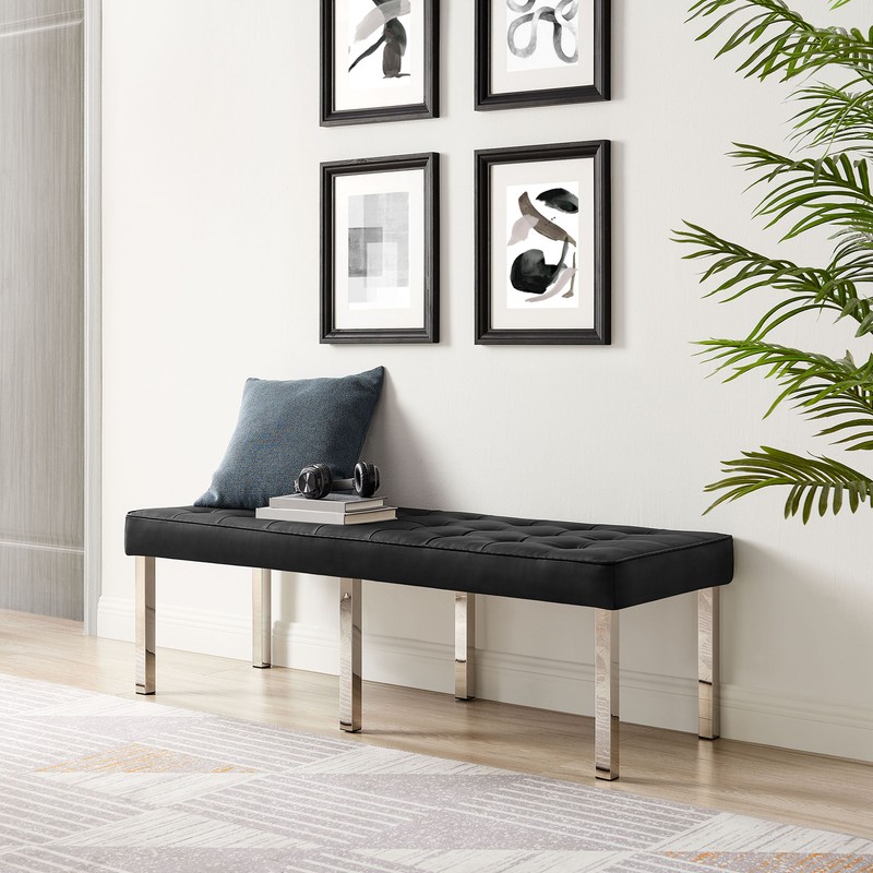 Modway Loft Tufted Vegan Leather Upholstered Accent Bench in Silver Black gallery