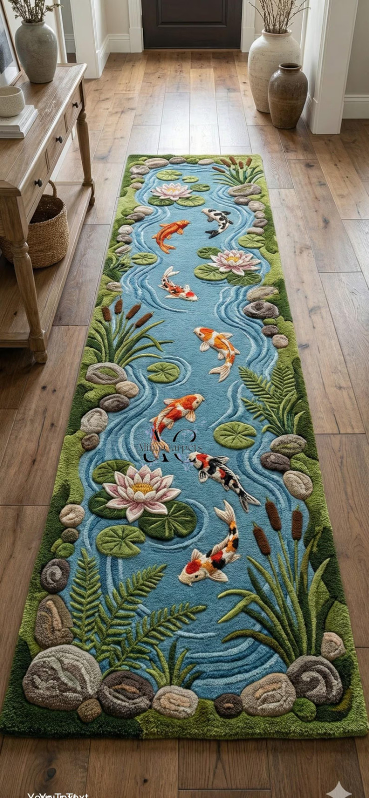 Hand Tufted Koi Pond Wool Runner Rug Nature Hallway Decor Water Garden Japanese gallery