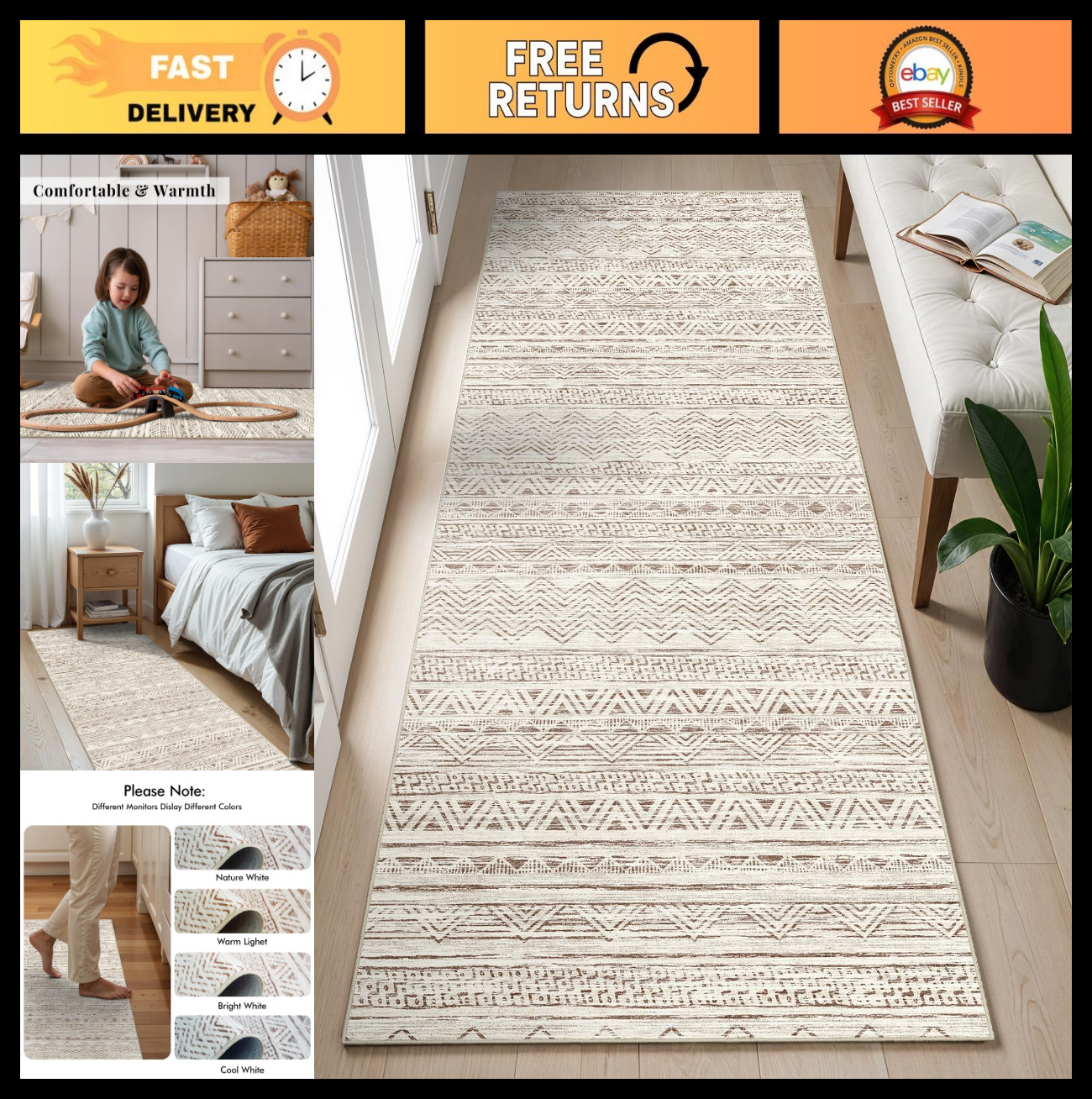 Moroccan Non-Slip 2x5 Hallway Runner Rug - Soft Washable Indoor Carpet, Beige gallery