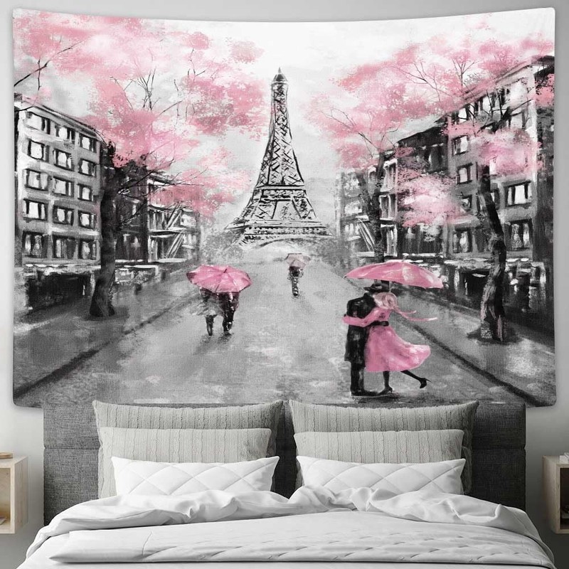 Paris Eiffel Tower Tapestry Wall Hanging Pink Bedroom Dorm Decor 60x40 71x60in gallery