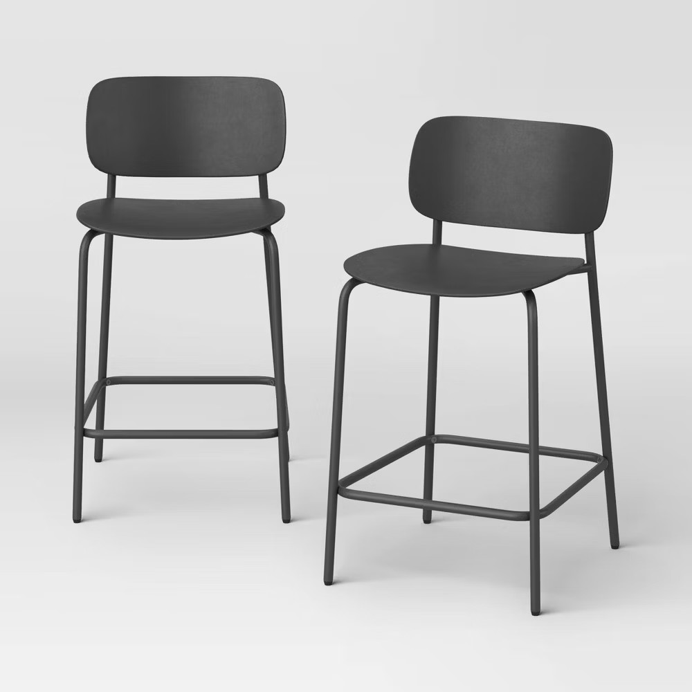 2pk 24" Molded Plastic with Metal Base Counter Height Barstool Black - gallery