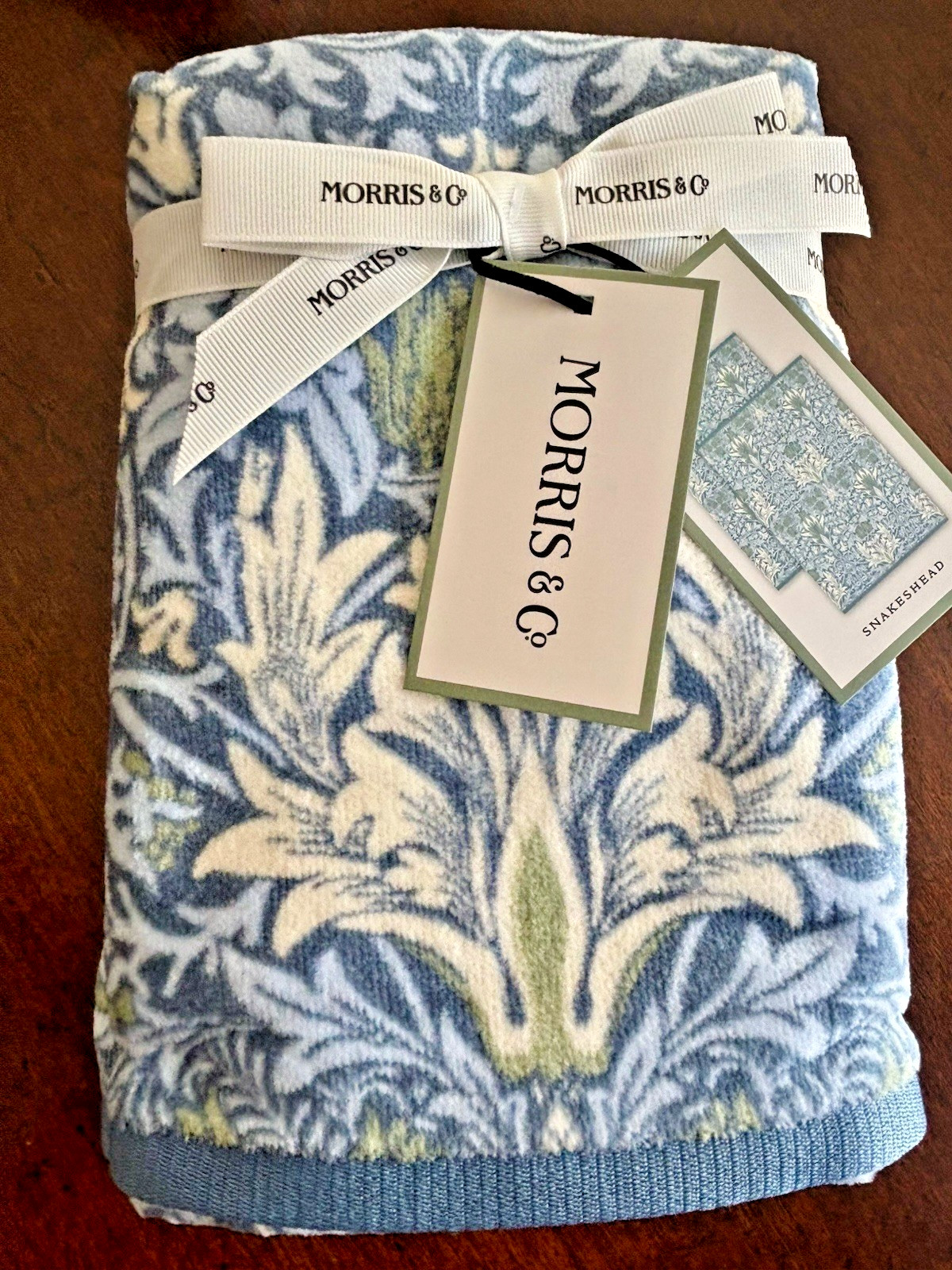 2 Morris & Co. William Morris Snakeshead Floral Blue Velour HAND Towels New gallery