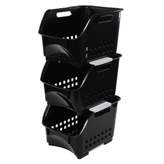 Cand 3-Pack Black Plastic Stacking Organizer Basket, Plastic Stackable Basket