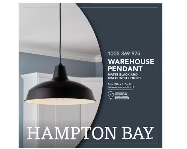 Hampton Bay 1-Light Black Warehouse Pendant Hanging Light with Metal Shade gallery