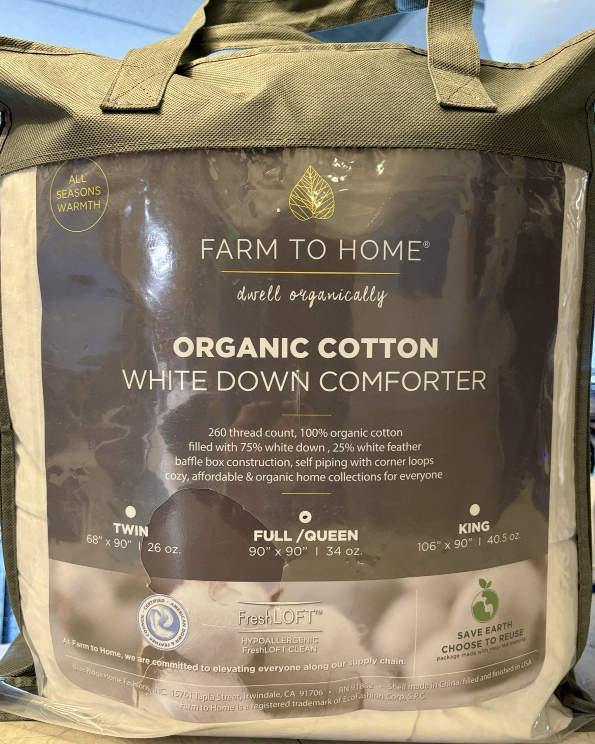 ORGANIC COTTON WHITE DOWN COMFORTER FULL/QUEEN 75% WHITE DOWN 25% WHITE FEATHER gallery