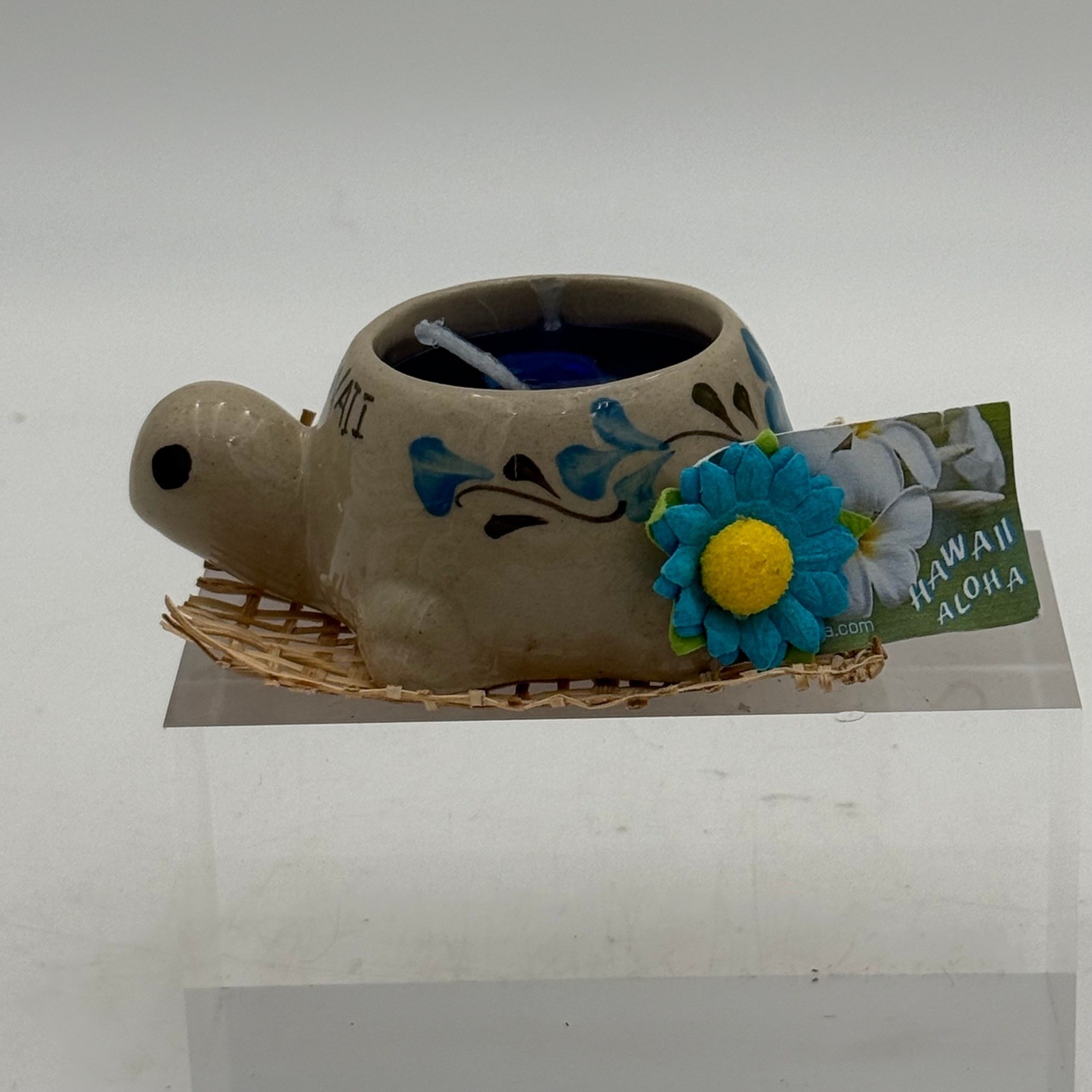 Hawaii Souvenir Ceramic Turtle Candle Hand Painted Floral Blue Wax with Mat gallery