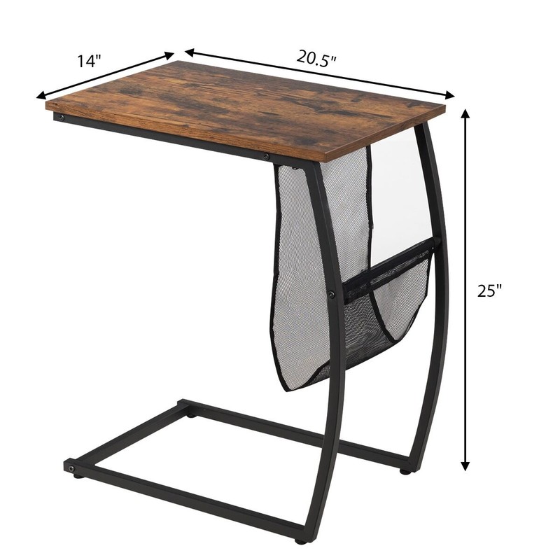 C-shaped End Side Sofa Table Vintage Accent Snack Laptop Tablet w/ Side Pocket gallery