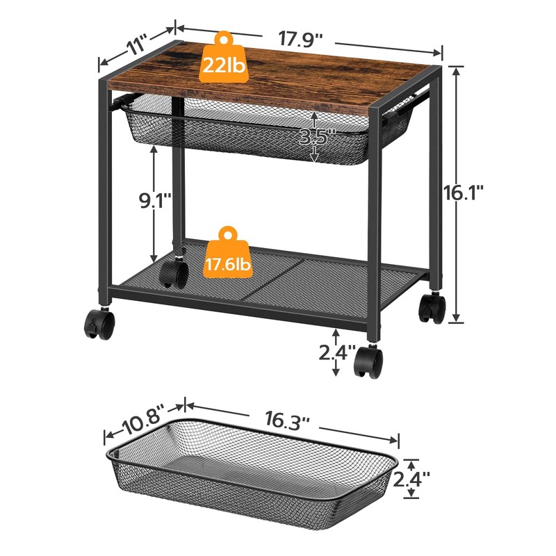 Rustic Brown 2Tier Under Desk Printer Stand Mobile Cart Wheels BF12PS01 gallery