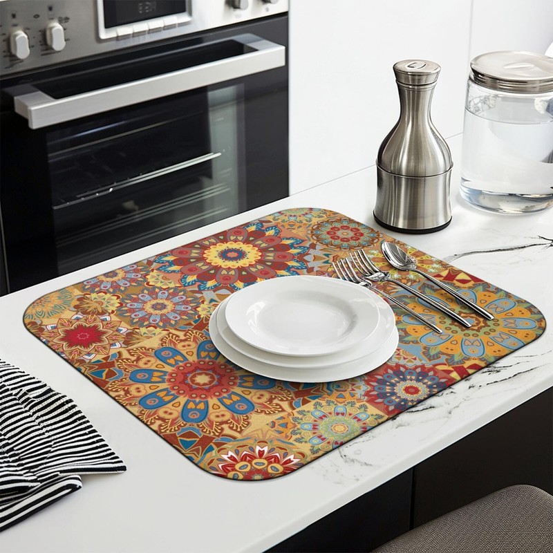 Boho Dish Drying Mat for Kitchen Countertops, Bohemian Floral Microfiber gallery