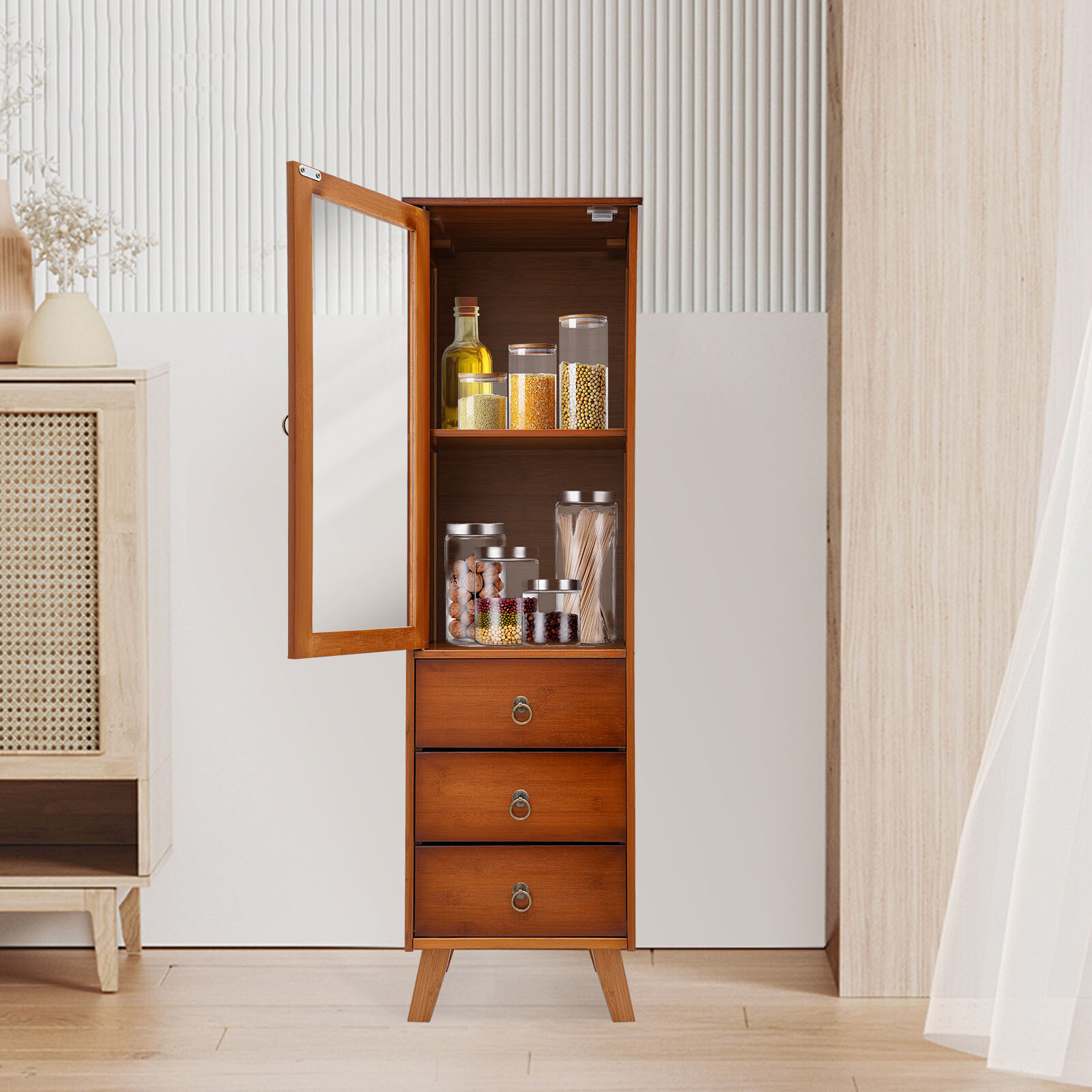 Durable Bamboo Storage Cabinet with Drawers Freestanding Single-door Cupboard gallery