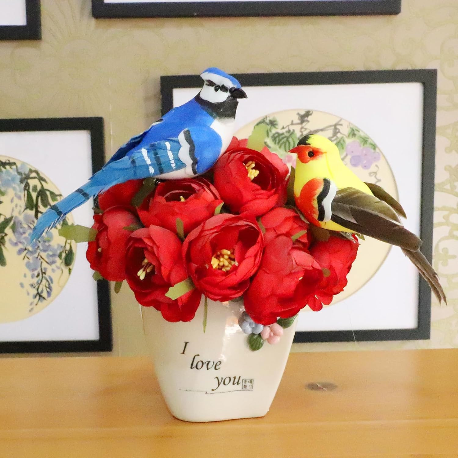 3pcs Clip On Artificial Birds Realistic Red Cardinal Blue Jay Birds Yellow Decor gallery