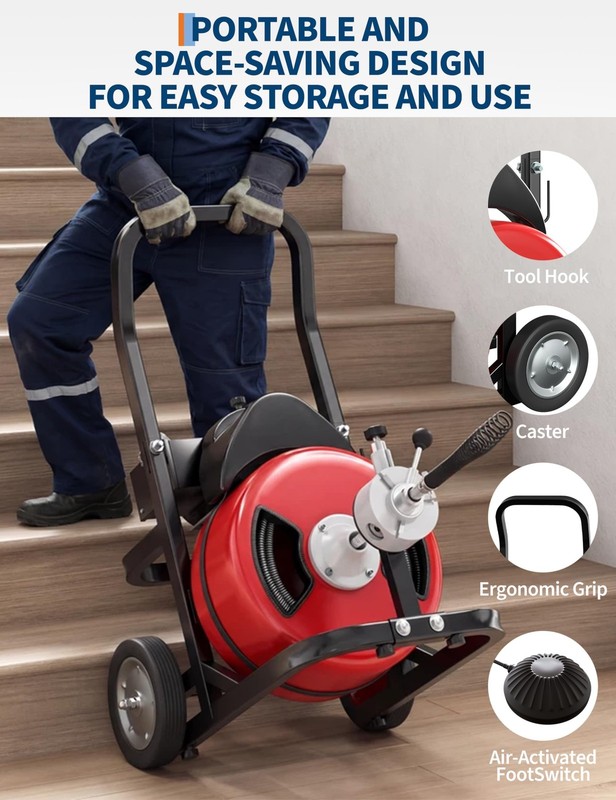 Drain Cleaner Machine, Heavy Duty Auger with 75FT Steel Core Cable, Portable ... gallery