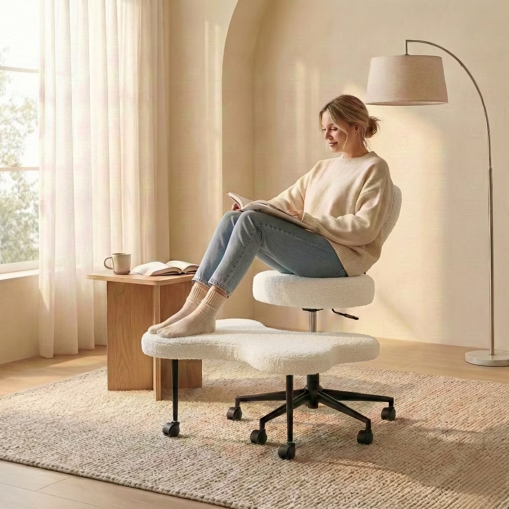 Pinmoco Cross Legged Office Chair, White Boucle Ergonomic Criss Cross Swivel Des gallery