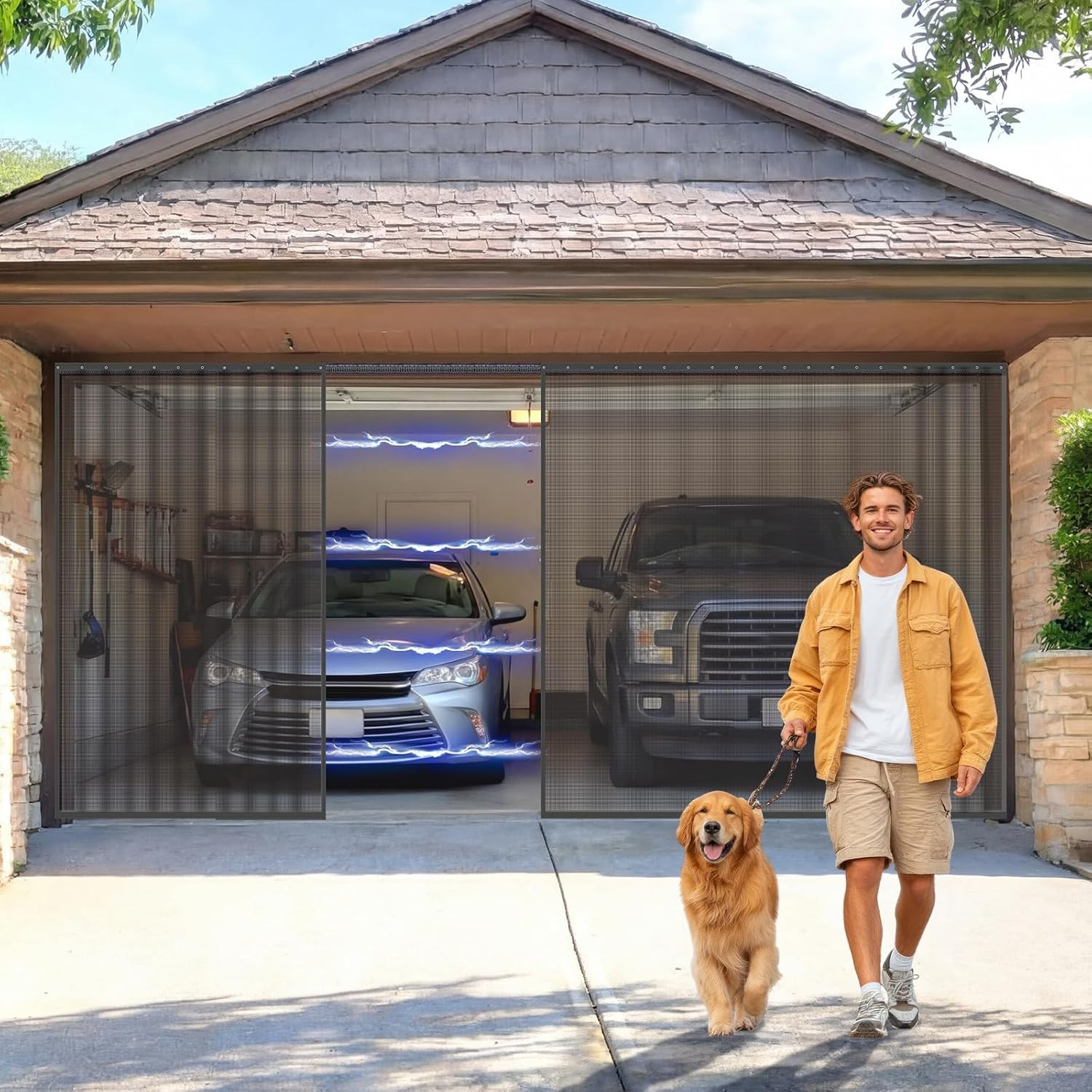 16 X 7 Ft Sliding Garage Door Screen Retractable 2 Car with Track Closure Magnet gallery
