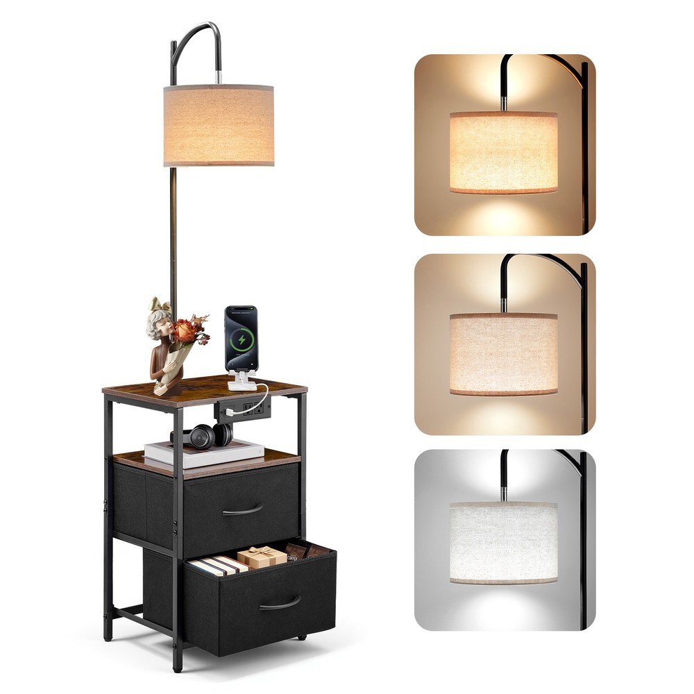 VEVOR Floor Lamp with Table 2-Tier End Table with 2 Drawers and 3 Color Lighting