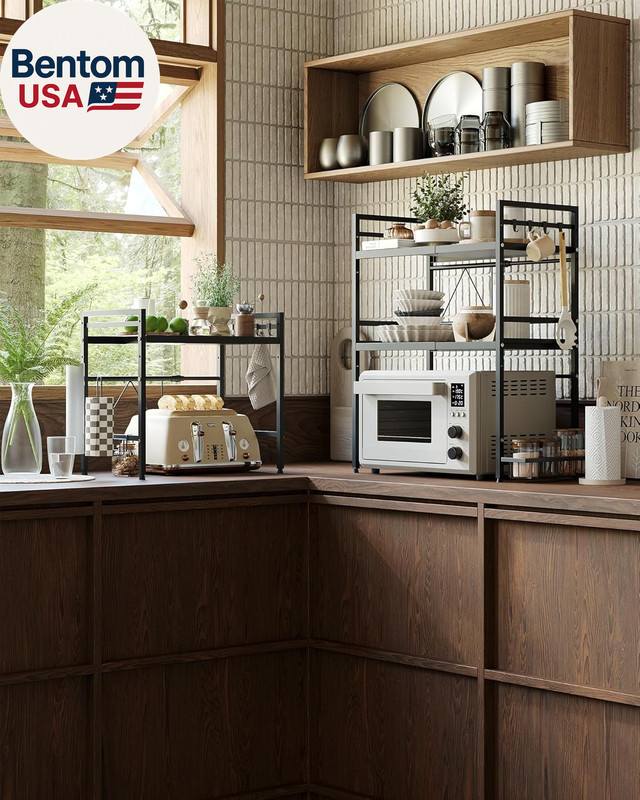 Expandable Microwave Stand,2 Tier Metal Kitchen Countertop Organizer Shelves wit gallery