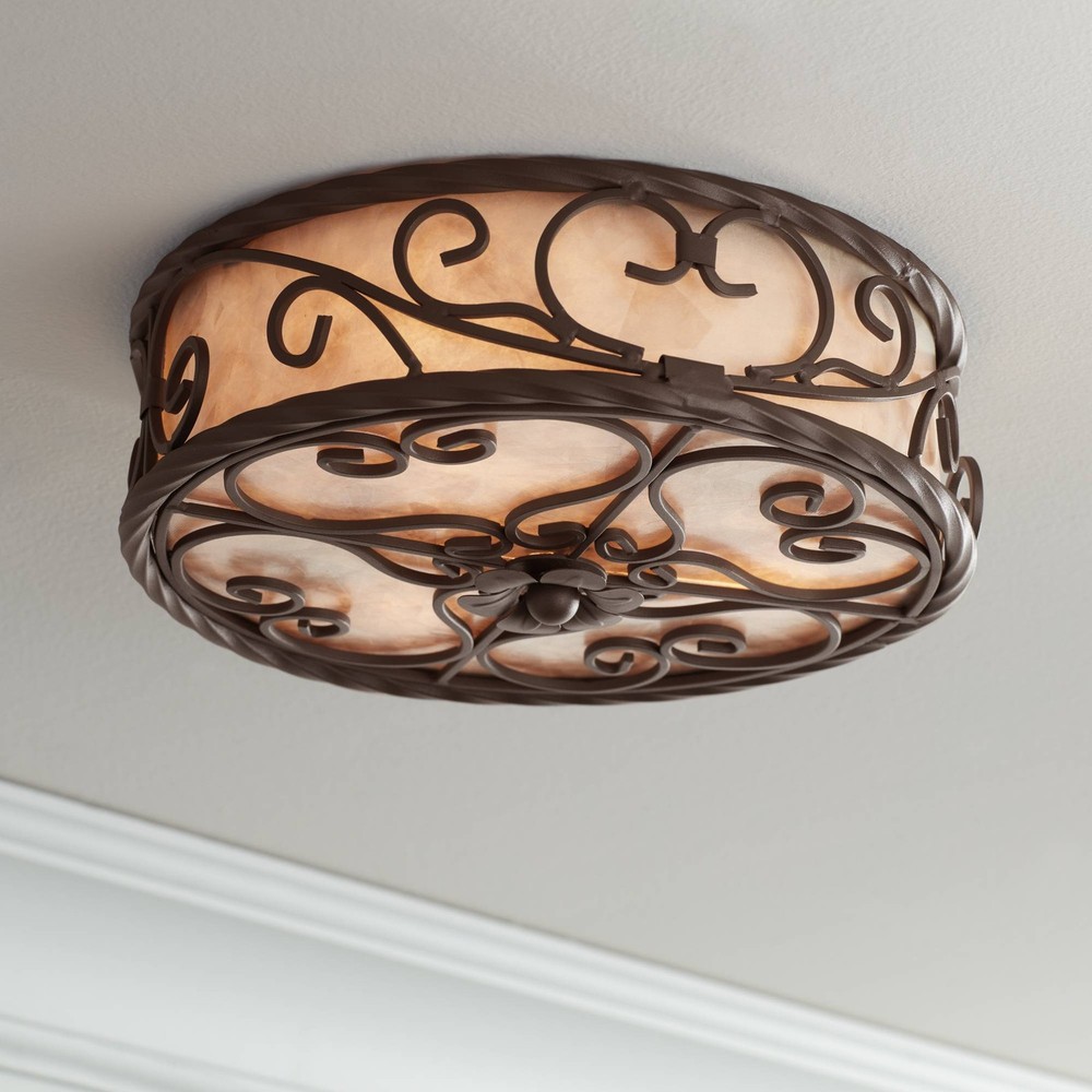 Natural Mica Rustic Ceiling Light Flush Mount Fixture 12" Dark Walnut Scroll