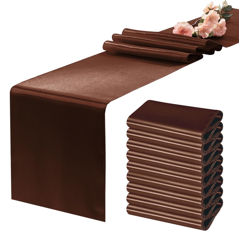 10 Pack Chocolate Brown Satin Table Runners 12x108 Inch Bright Silk Decor gallery