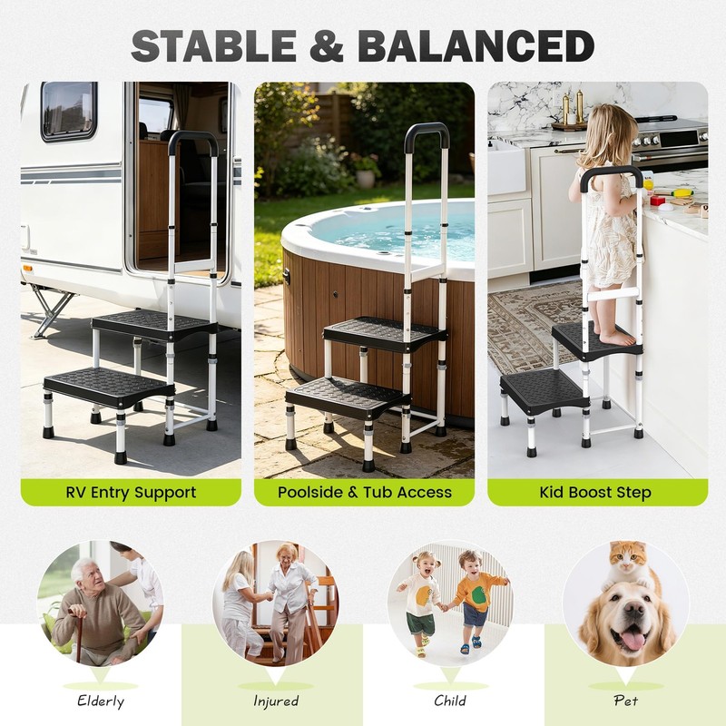RV Step Stool Handle Elderly 2 Ladder Handrail Reinforced PP Wide Platform gallery