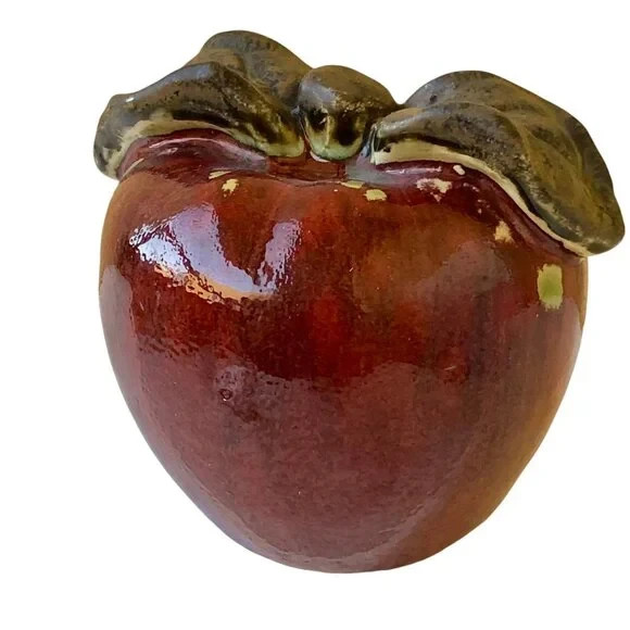 Ceramic Red Apple Fruit Pottery Decoration Green Stem Hand Painted gallery