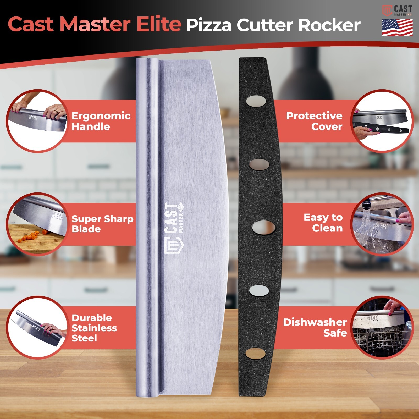 Professional 14" Rocker Pizza Cutter - Stainless Steel Blade Effortless Slicing gallery