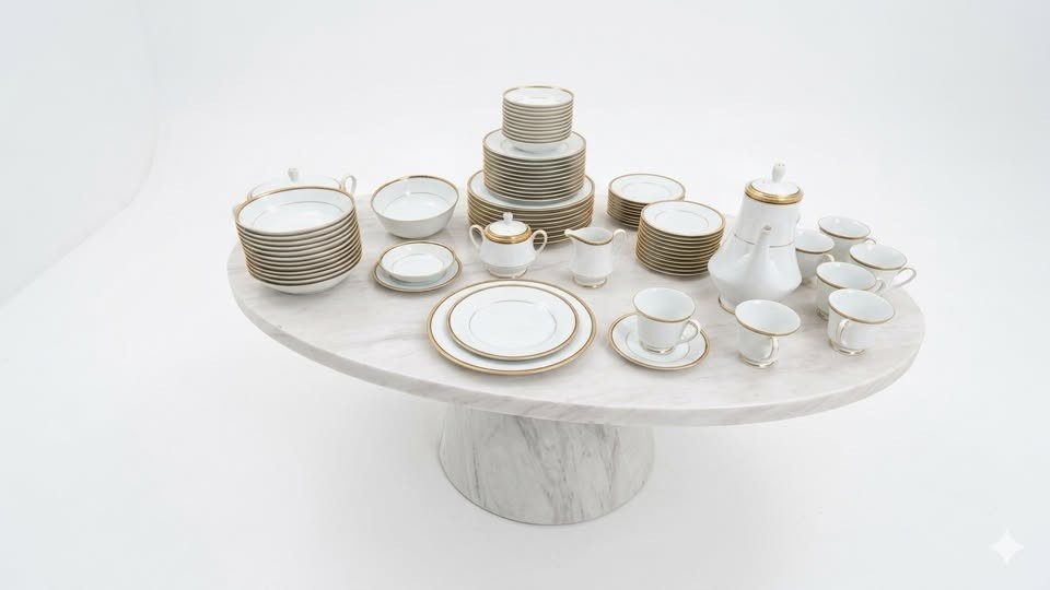 Noritake Elysee White/Gold Rim Fine China. Complete 99 piece set for 12 gallery