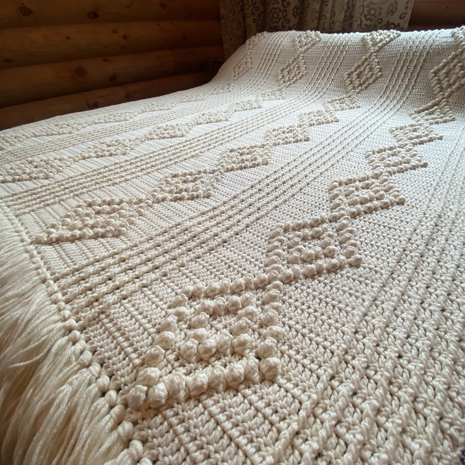 Handmade 3D Popcorn Diamond Stitch Afghan Blanket Ivory Fringe Boho Large 84x57 gallery