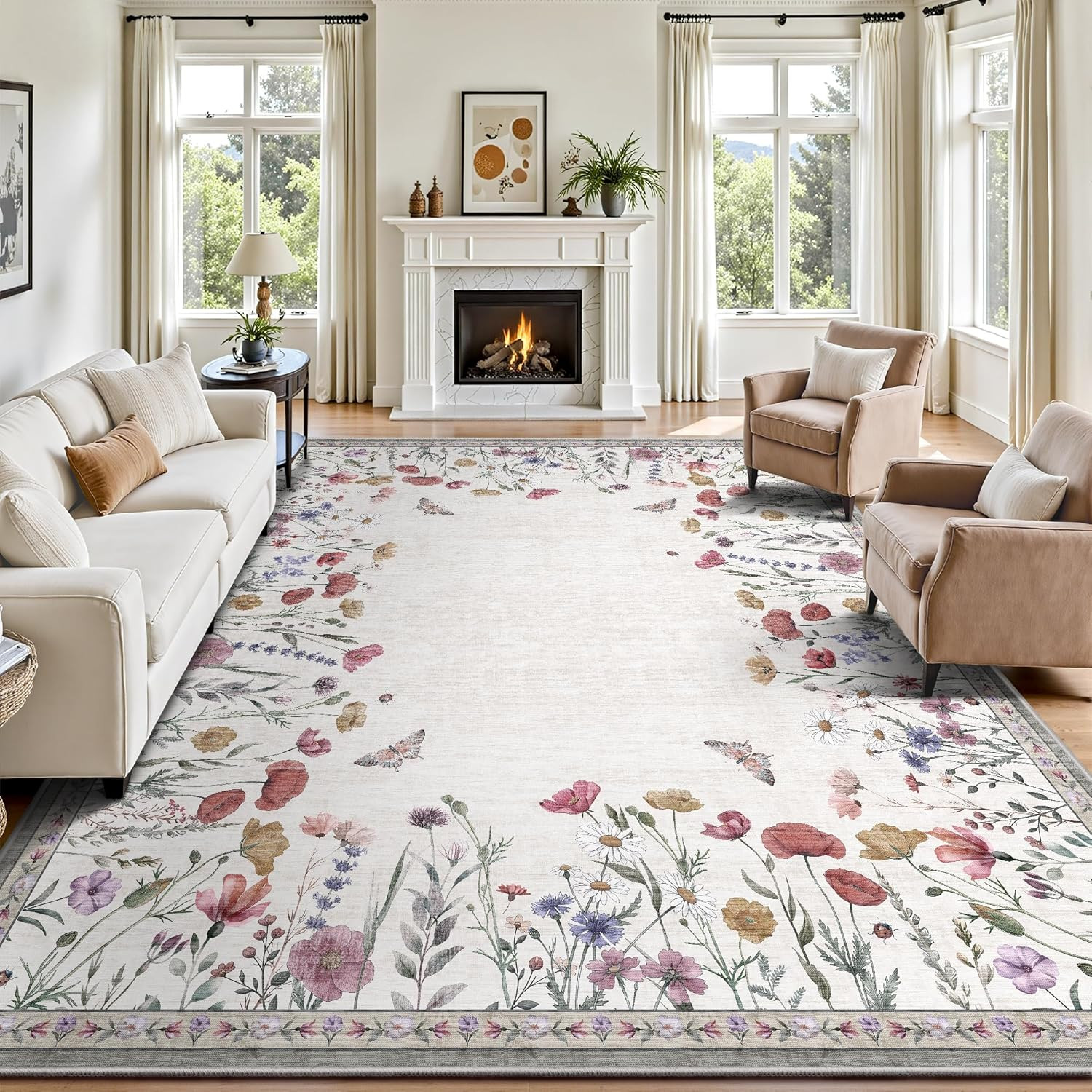 8X10 Area Rugs, Machine Washable Low Pile Floral Rugs for Living Room, Bedroom, gallery