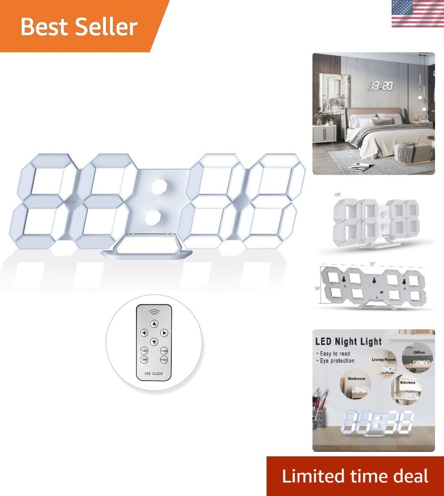 Multi-Functional 3D LED Digital Clock with Snooze & Brightness Control - 9.7”