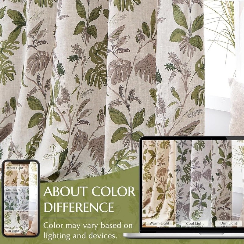 Leaf Pattern Blackout Curtains Linen Blend Room Darkening Drapes Easy Care New gallery