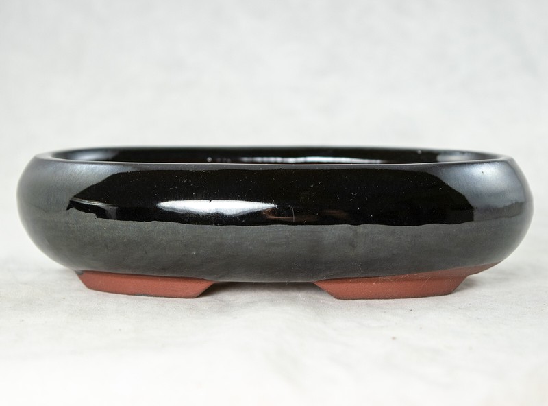 Flat Narrow Oval Bonsai, Succulent Pot + Mesh 7.25"x 4.5"x 1.75" - Black Glazed gallery