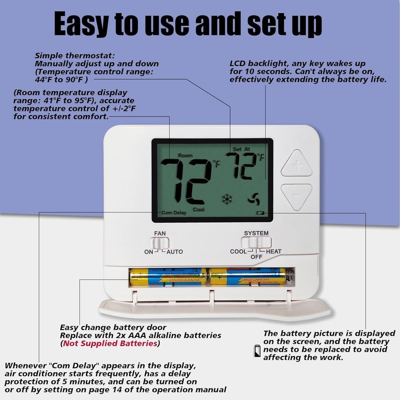 User-Friendly Non-Programmable Thermostat with Large Green Backlit Display gallery