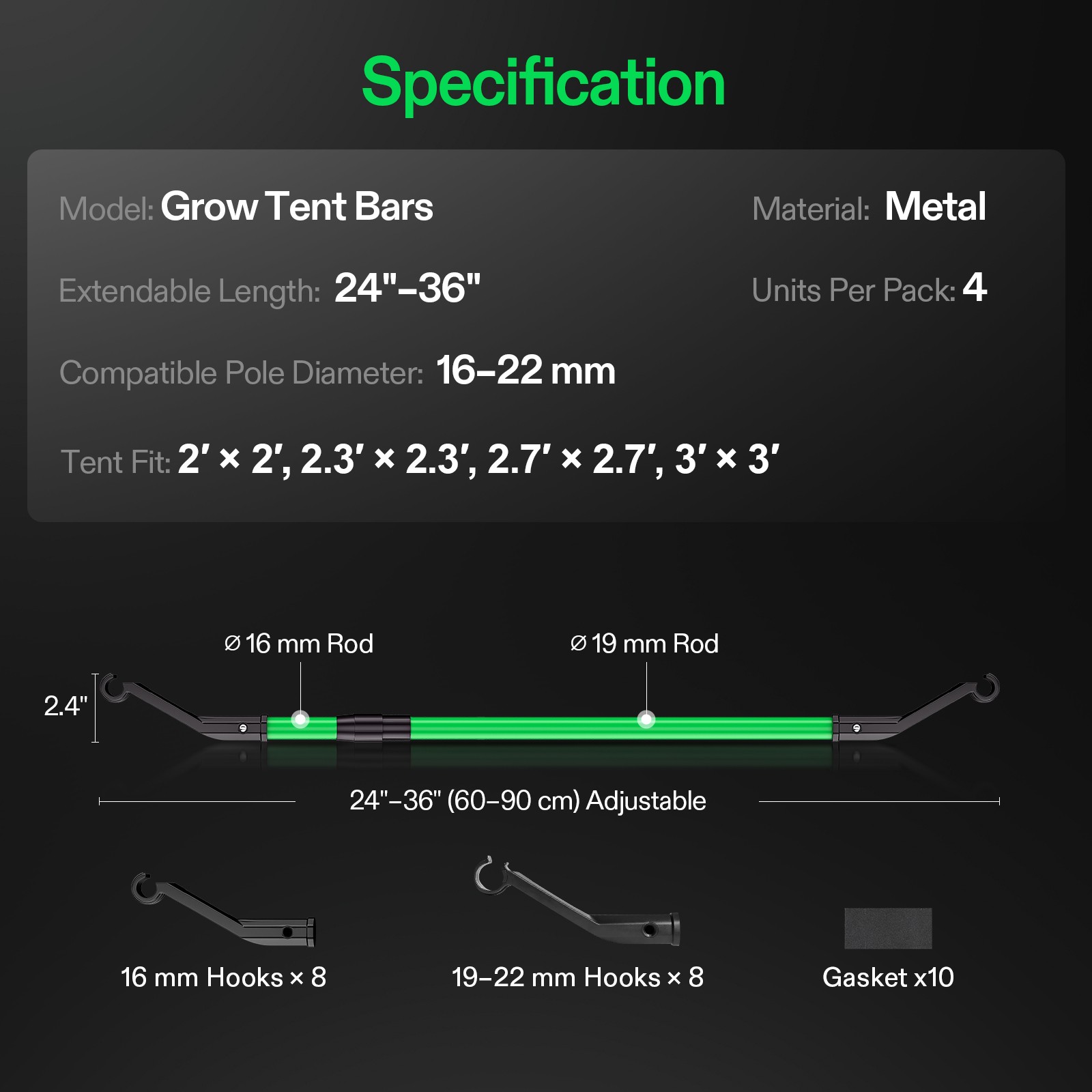VIVOSUN Grow Tent Mounting Bars Support Pole Kit High CFM for 3.3x3.3-5x5ft Tent gallery