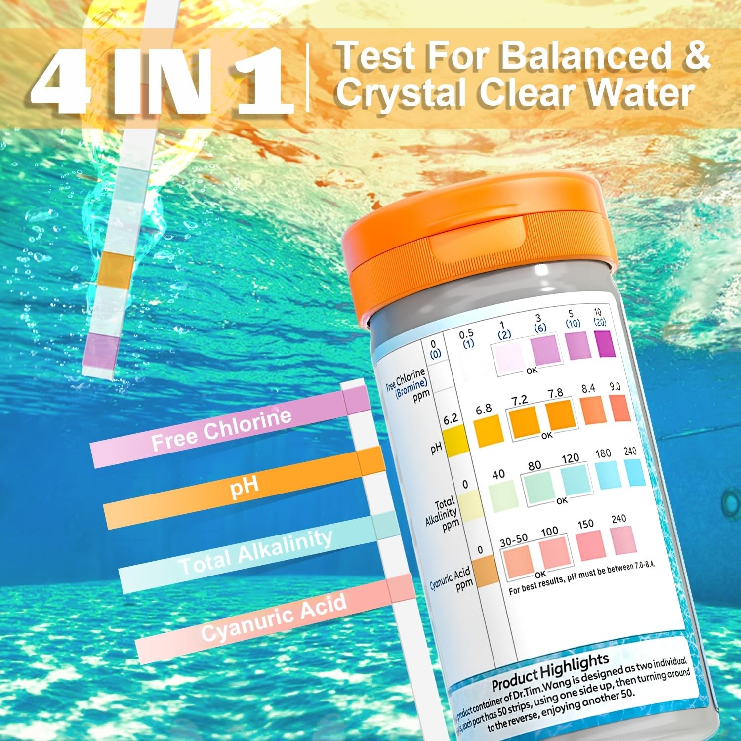 Dr.Tim.Wang Pool and Hot Tub Test Strips - Medical Grade Precision 4 in 1 Pool gallery