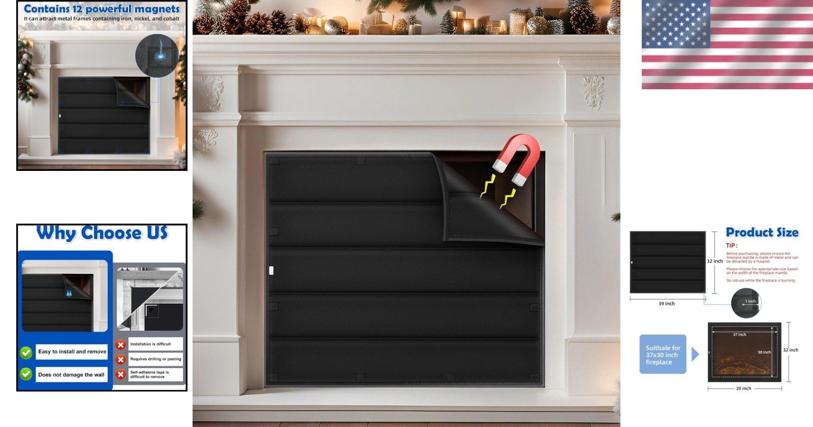 Fireplace Draft Stopper Magnetic Cover Heat Loss Insulation Black 39x32 gallery
