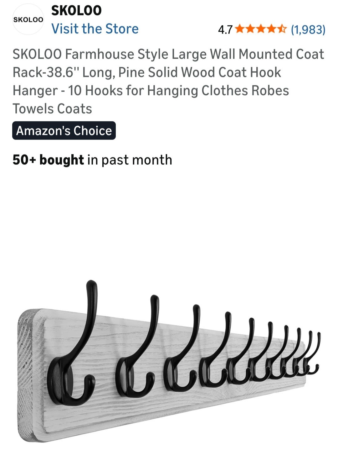 SKOLOO Farmhouse Style Large Wall Mounted Coat Rack-38.6'' Long, Pine Solid Wood gallery