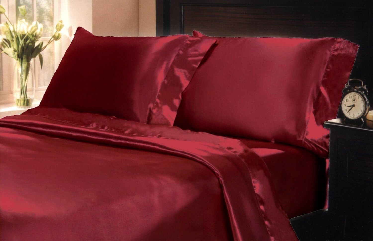 California King Bed Sheet Set Royal Opulence Satin Silk Soft Bedding Red, 4 Pcs gallery