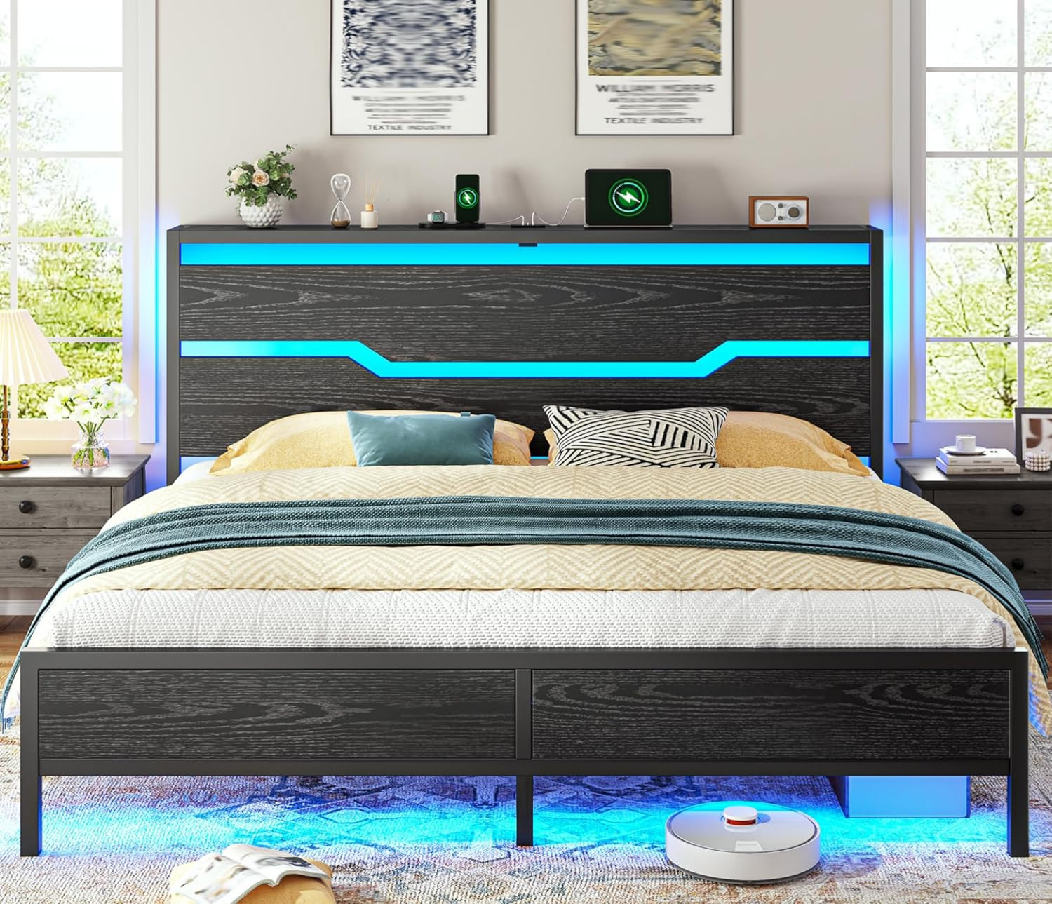 King Size Bed Frame with LED Lights & Charging Station, King Bed Frame and Headb gallery